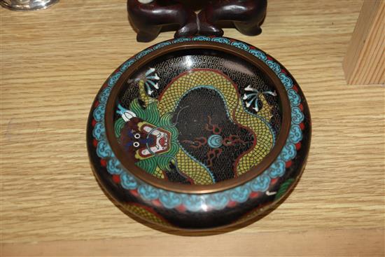 A Chinese famille verte crackle glaze censer, late 19th century (later cover) and a Chinese cloisonne enamel dragon dish